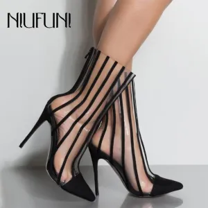 Fashion PVC Transparent Boots Sandals Pointed Toe Thin High Heels Shoes Clear Mujer Women Boots Black Striped Boots Party Shoes Fashion Nova Shoes