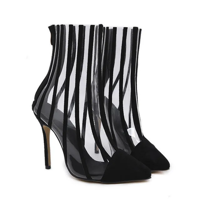 Fashion PVC Transparent Boots Sandals Pointed Toe Thin High Heels Shoes Clear Mujer Women Boots Black Striped Boots Party Shoes Fashion Nova Shoes