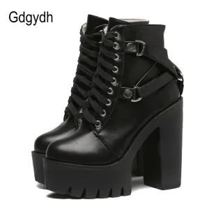 Gdgydh Fashion Black Boots Women Heel Spring Autumn Lace-up Soft Leather Platform Shoes Woman Party Ankle Boots High Heels Punk Fashion Nova Shoes