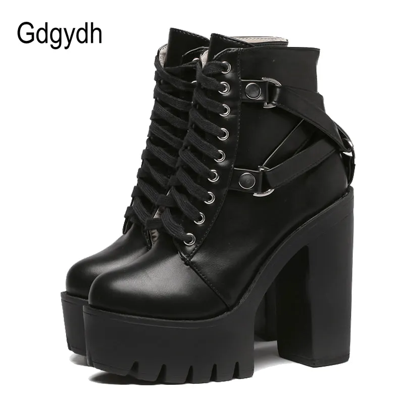 Gdgydh Fashion Black Boots Women Heel Spring Autumn Lace-up Soft Leather Platform Shoes Woman Party Ankle Boots High Heels Punk Fashion Nova Shoes