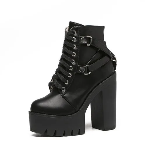 Gdgydh Fashion Black Boots Women Heel Spring Autumn Lace-up Soft Leather Platform Shoes Woman Party Ankle Boots High Heels Punk Fashion Nova Shoes