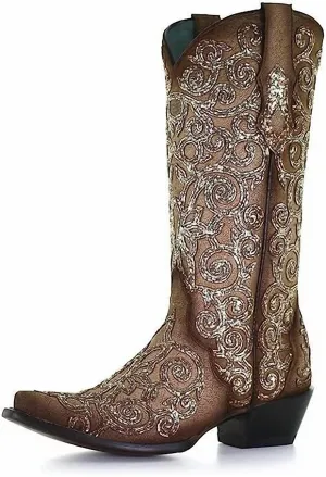 Glitter Embroidery Boot In Brown