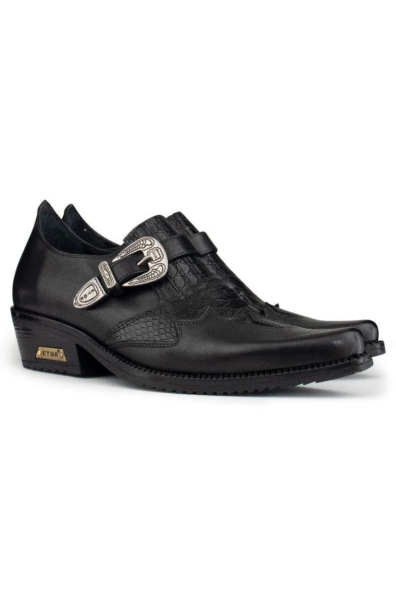 Men's Black Leather Winklepickers Cowboy Cuban Biker Shoes