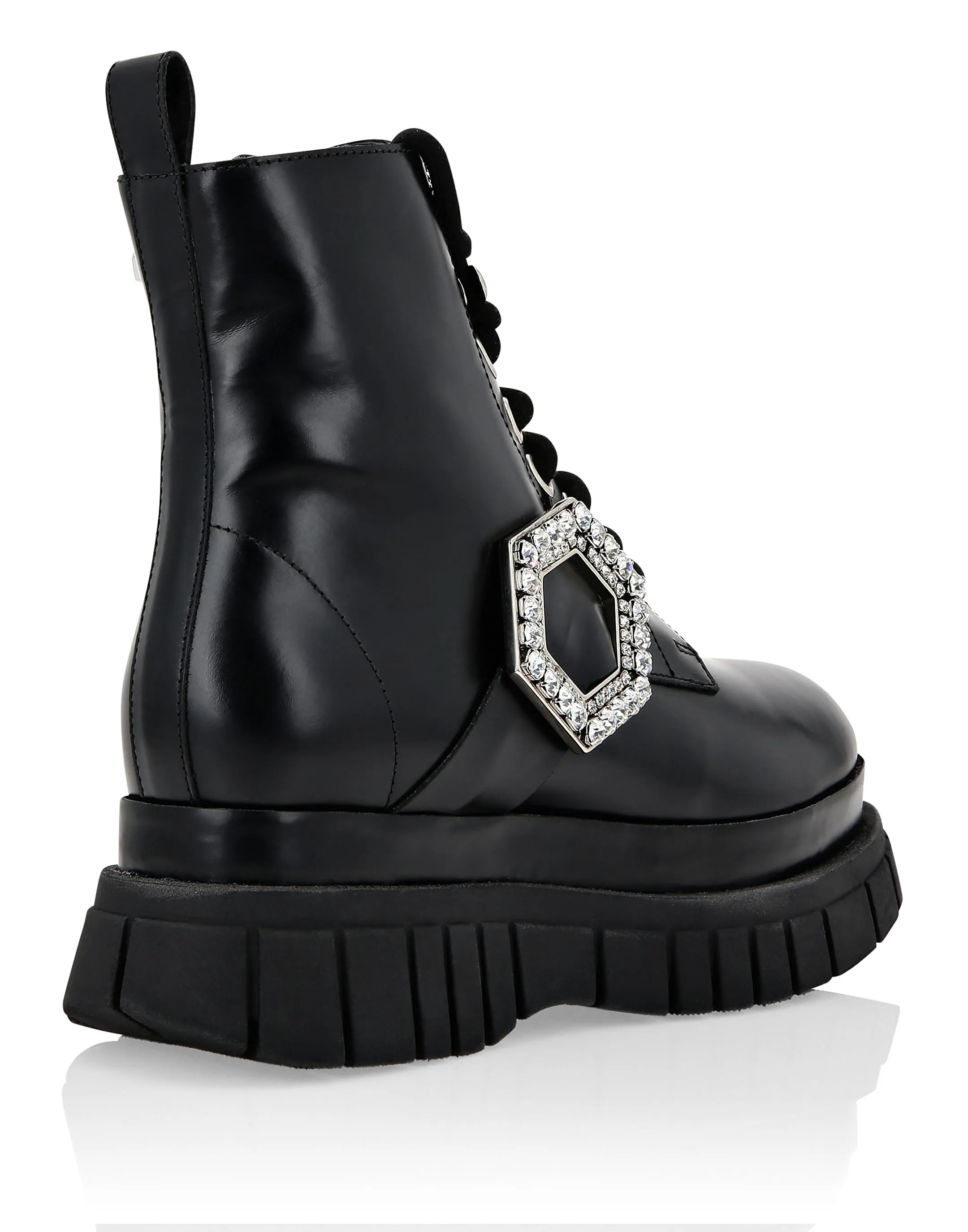Shiny Leather Boots Mid Flat Crystal Hexagon