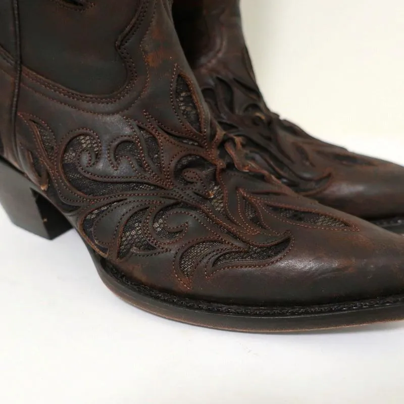Stetson Cowboy Boots Brown Cutout Leather & Lace Size 7 NEW