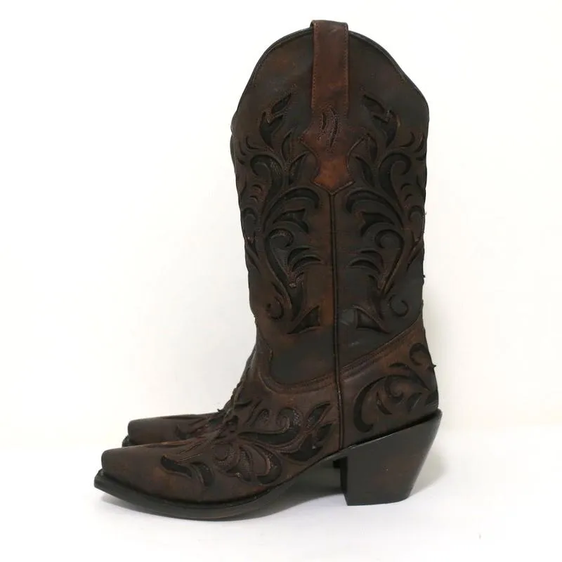 Stetson Cowboy Boots Brown Cutout Leather & Lace Size 7 NEW
