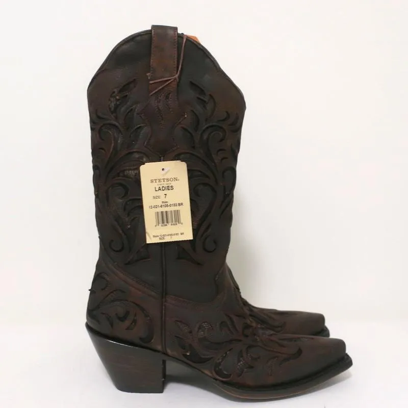 Stetson Cowboy Boots Brown Cutout Leather & Lace Size 7 NEW