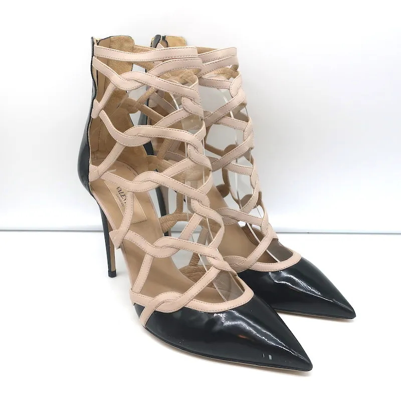 Valentino Cage Ankle Boots Black Patent & Powder Leather Size 39.5
