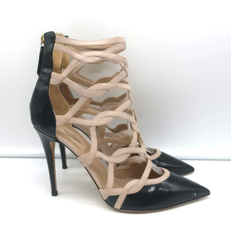 Valentino Cage Ankle Boots Black Patent & Powder Leather Size 39.5