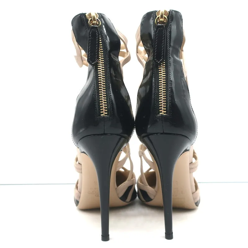 Valentino Cage Ankle Boots Black Patent & Powder Leather Size 39.5