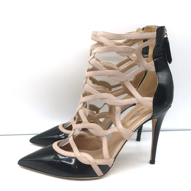 Valentino Cage Ankle Boots Black Patent & Powder Leather Size 39.5