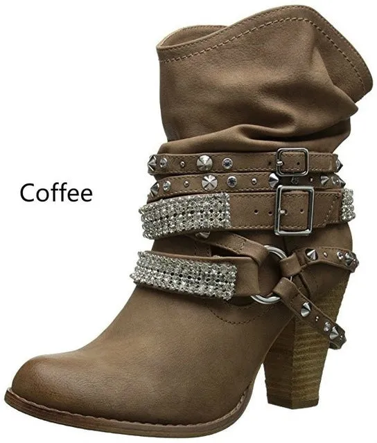 XingDeng Women Buckle Spring Rivets Ankle Wertern Boots Shoes Lady Sexy Party Motorcycle High Heels Boots Shoes Plus Size 34-43 Fashion Nova Shoes
