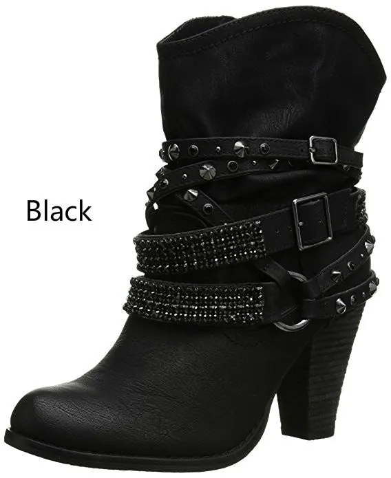 XingDeng Women Buckle Spring Rivets Ankle Wertern Boots Shoes Lady Sexy Party Motorcycle High Heels Boots Shoes Plus Size 34-43 Fashion Nova Shoes