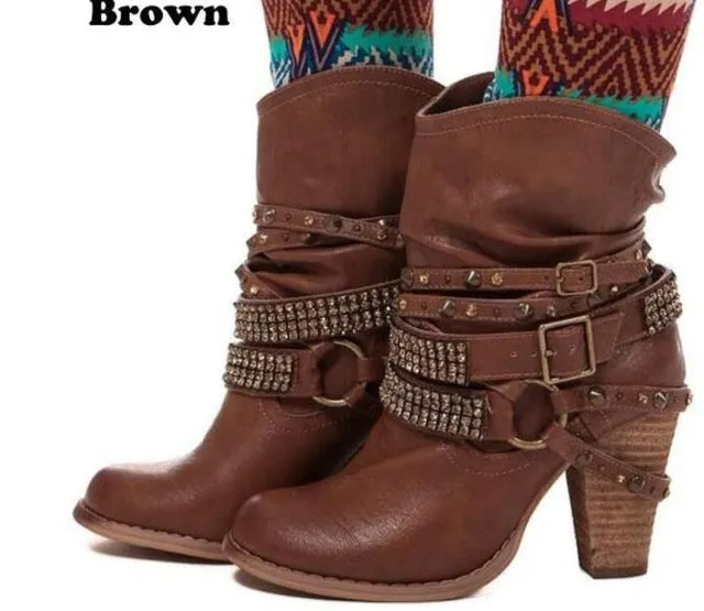 XingDeng Women Buckle Spring Rivets Ankle Wertern Boots Shoes Lady Sexy Party Motorcycle High Heels Boots Shoes Plus Size 34-43 Fashion Nova Shoes