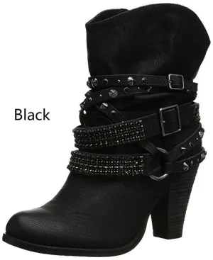 XingDeng Women Buckle Spring Rivets Ankle Wertern Boots Shoes Lady Sexy Party Motorcycle High Heels Boots Shoes Plus Size 34-43 Fashion Nova Shoes