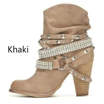 XingDeng Women Buckle Spring Rivets Ankle Wertern Boots Shoes Lady Sexy Party Motorcycle High Heels Boots Shoes Plus Size 34-43 Fashion Nova Shoes